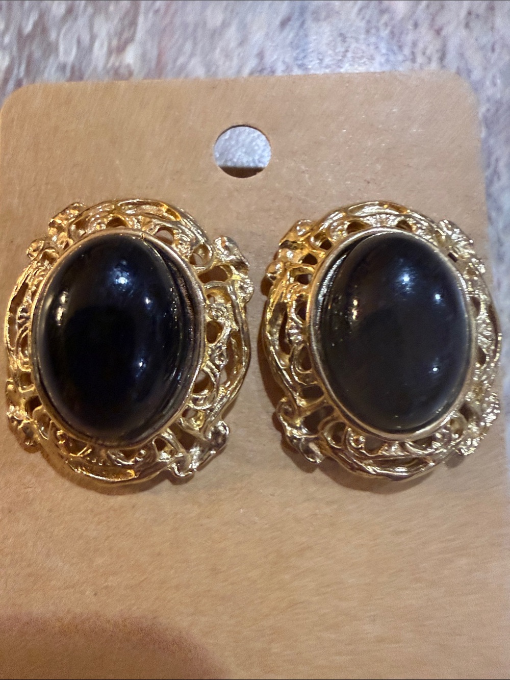 Gold-Tone Black Stone Vintage-Style Earrings